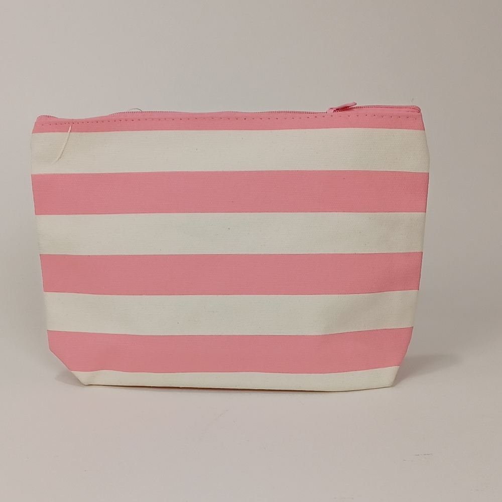 NWOT Pink and White Striped Cosmetic Bag with Zipper Closure!